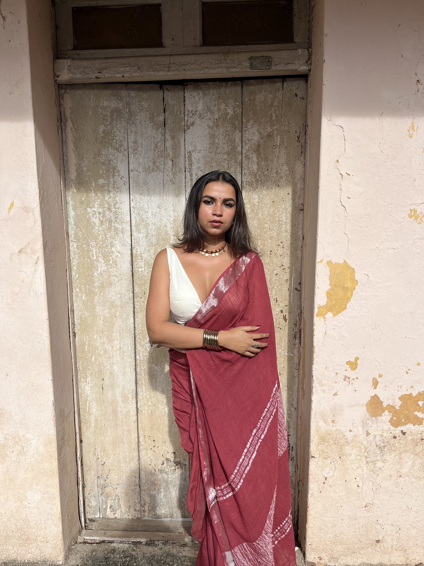 Maroon Plain Linen Saree