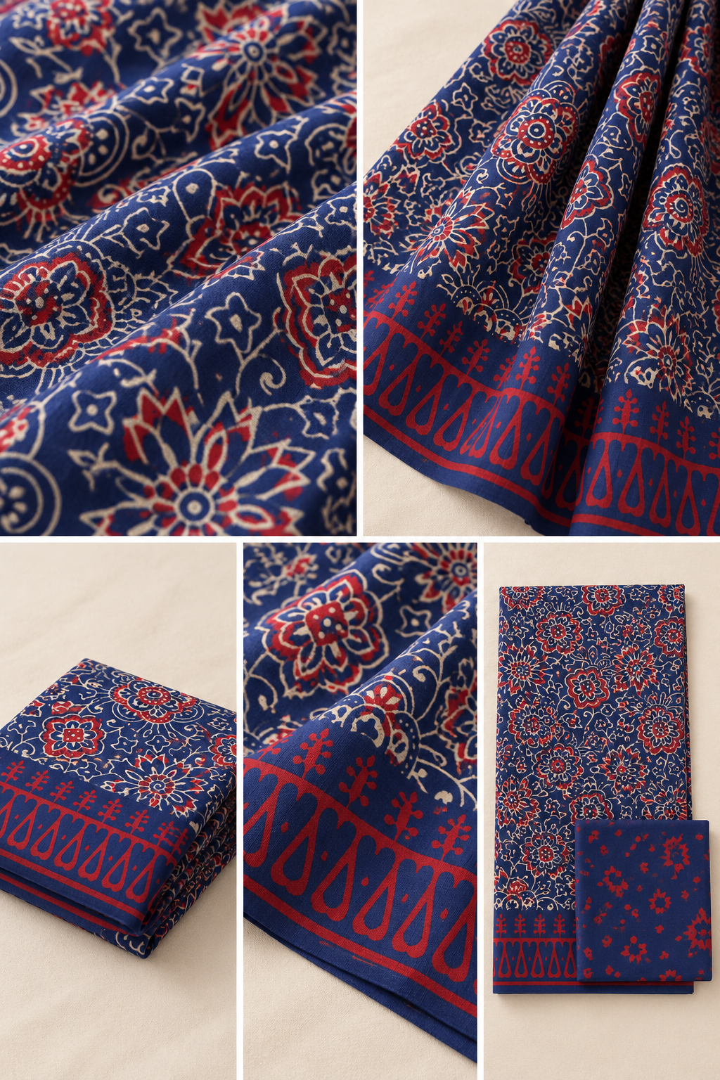 Blue Red Floral Handblock Mul Cotton Saree