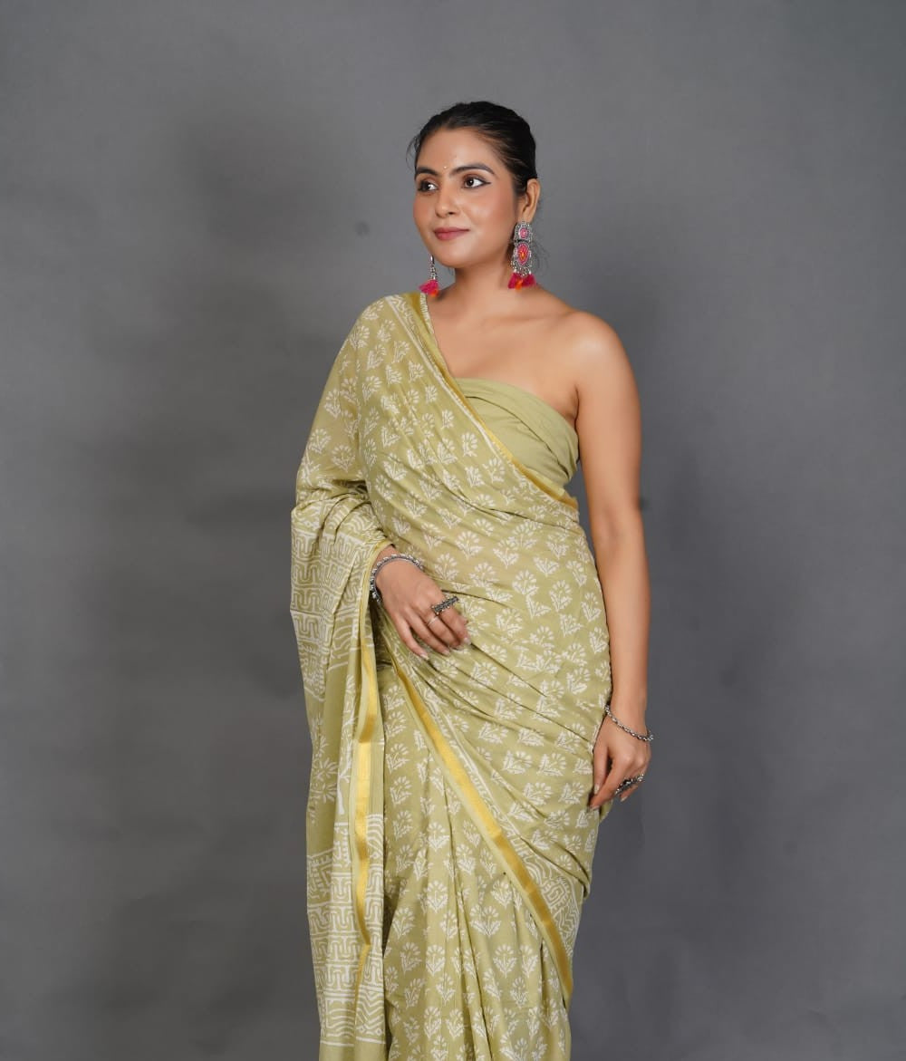 Olive Green Pure Cotton Saree With Zari Border