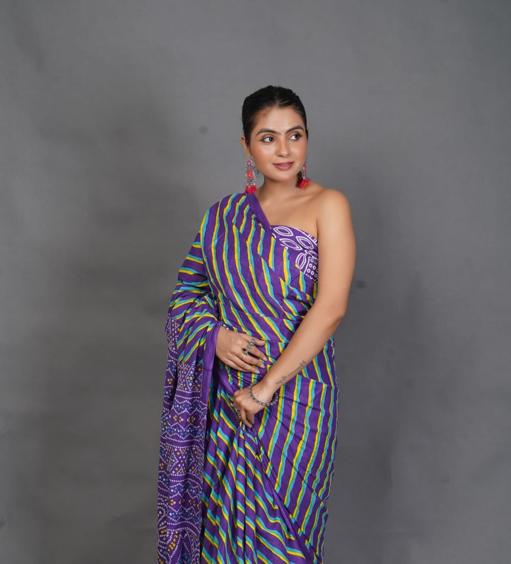Purple Multicolor Striped Mul Cotton Saree