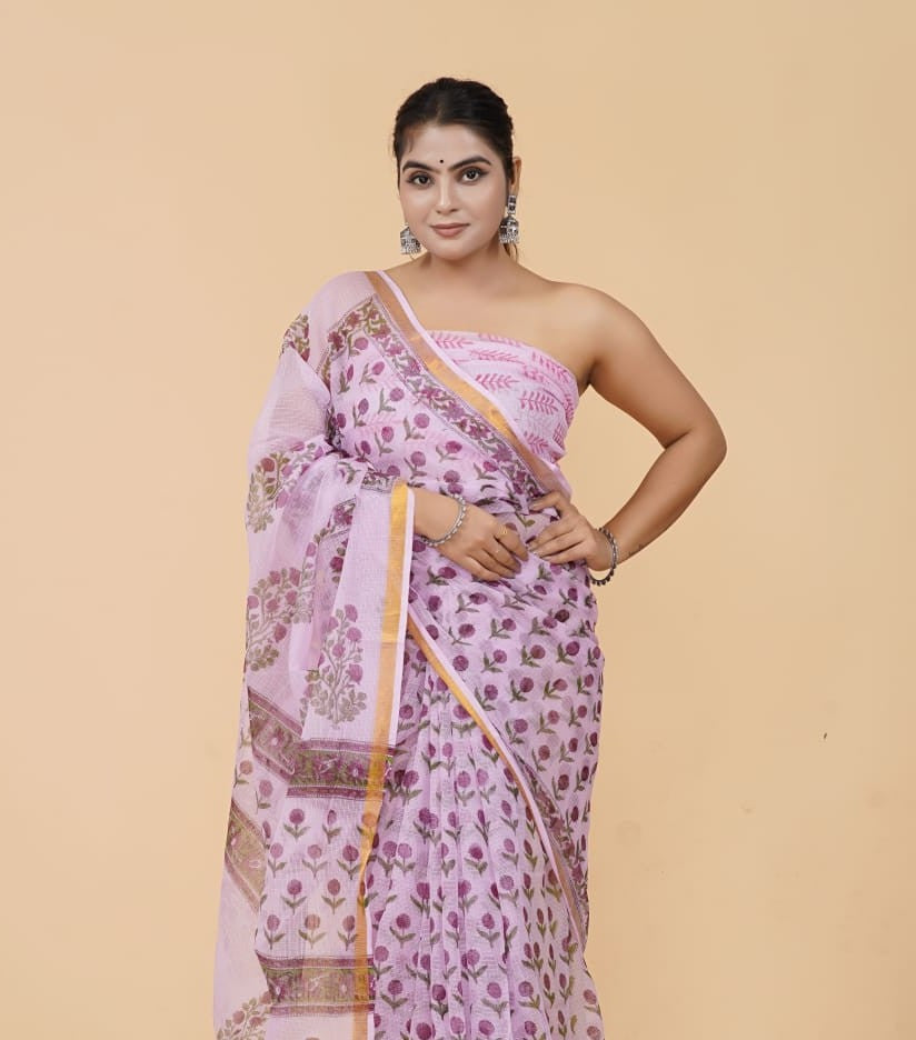 Light Pink Floral Kota Doriya Saree With Golden Border