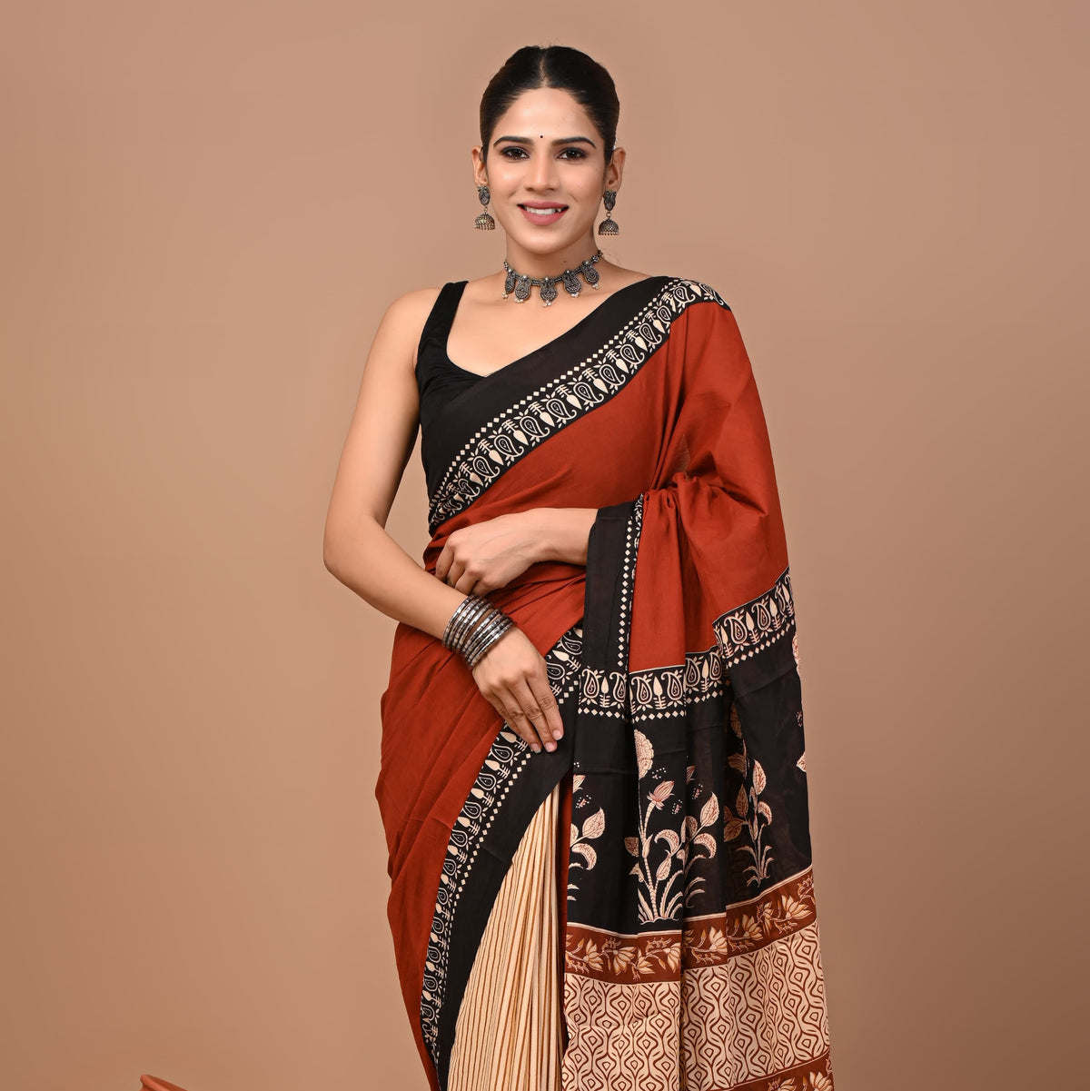 Rustic Terracotta Floral Mul Cotton Saree