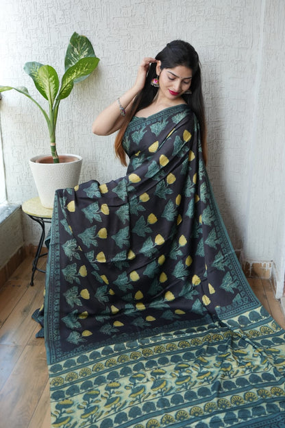Ajrak-Bagru Pure Modal Silk Saree