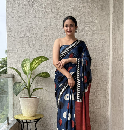 Ajrak-Bagru Pure Modal Silk Saree