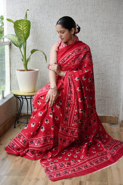 Ajrak-Bagru Pure Modal Silk Saree