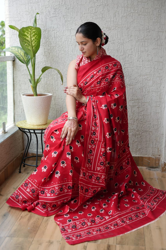 Ajrak-Bagru Pure Modal Silk Saree