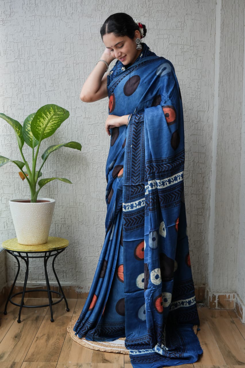Ajrak-Bagru Pure Modal Silk Saree