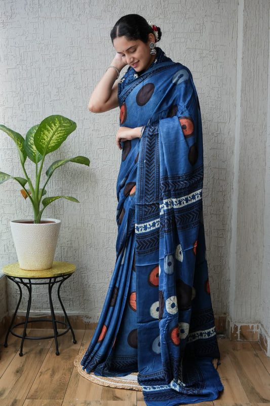 Ajrak-Bagru Pure Modal Silk Saree