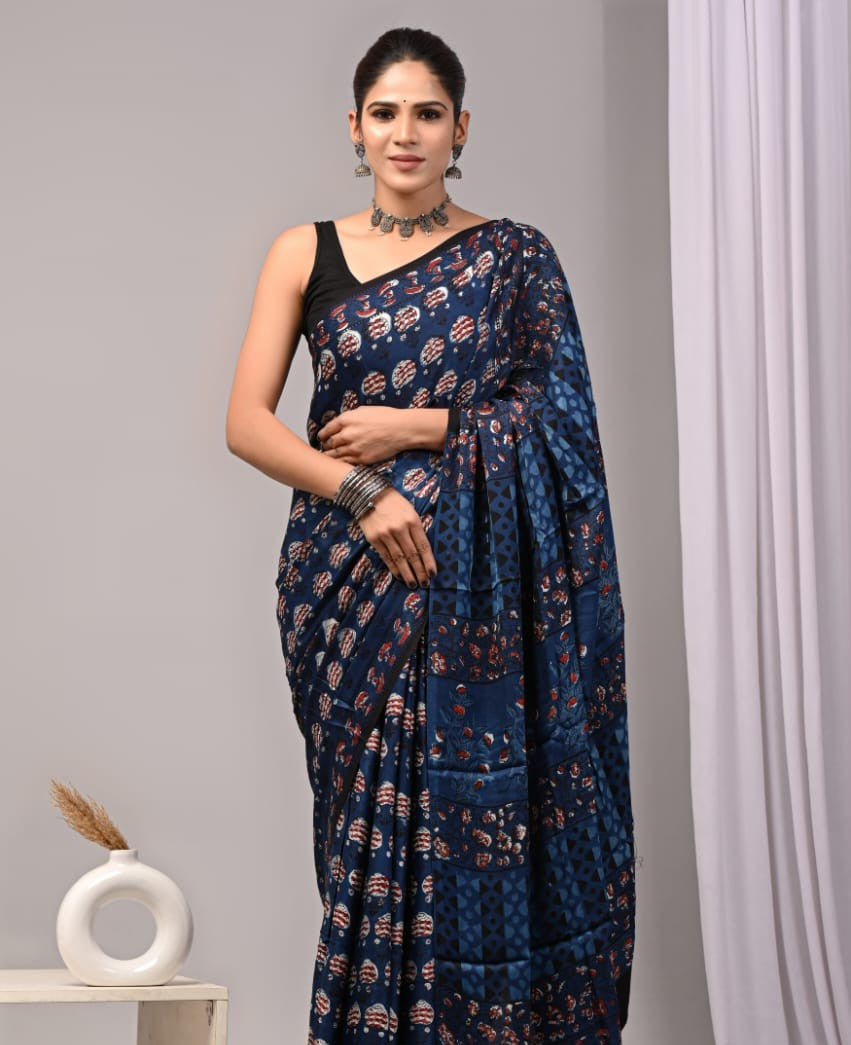 Ajrak-Bagru Pure Modal Silk Saree