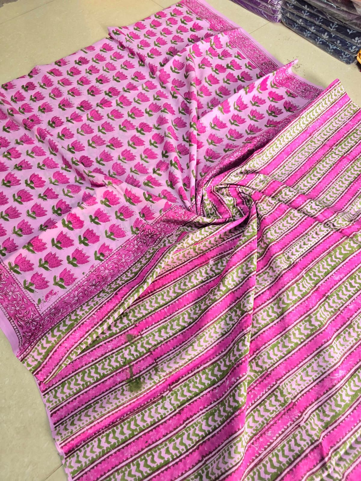 Pink Bloom Handblock Mul Cotton Saree