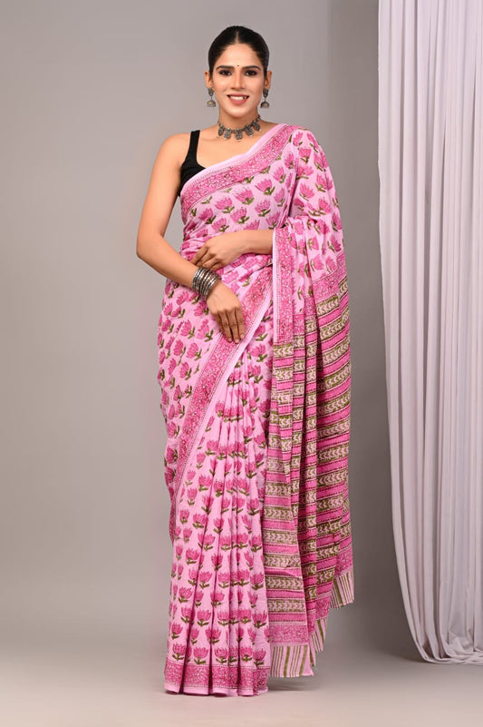 Pink Bloom Handblock Mul Cotton Saree