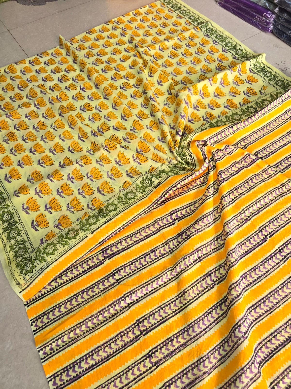 Yellow Bloom Handblock Mul Cotton Saree