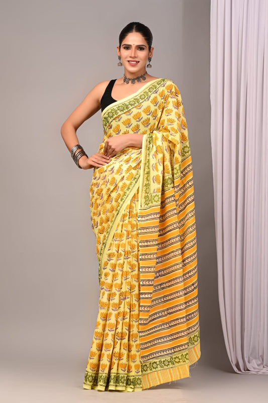 Yellow Bloom Handblock Mul Cotton Saree