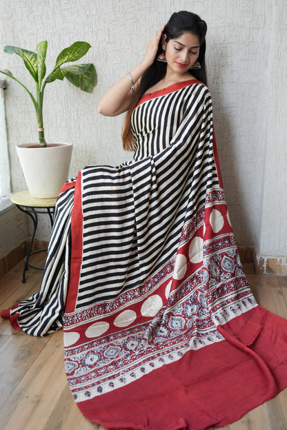 Ajrak-Bagru Pure Modal Silk Saree