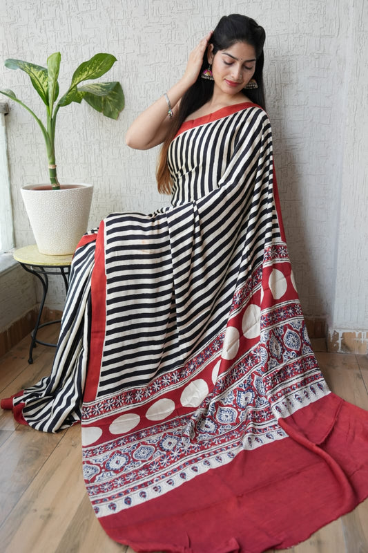 Ajrak-Bagru Pure Modal Silk Saree