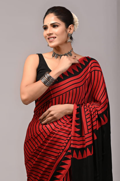 Ajrak-Bagru Pure Modal Silk Saree