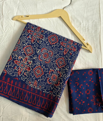 Blue Red Floral Handblock Mul Cotton Saree