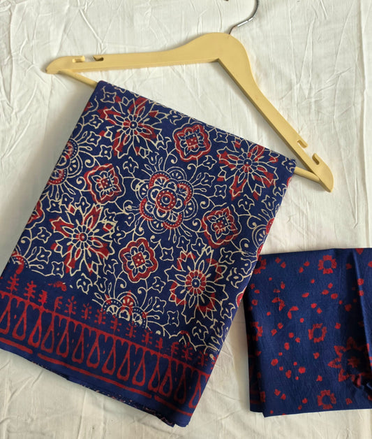 Blue Red Floral Handblock Mul Cotton Saree