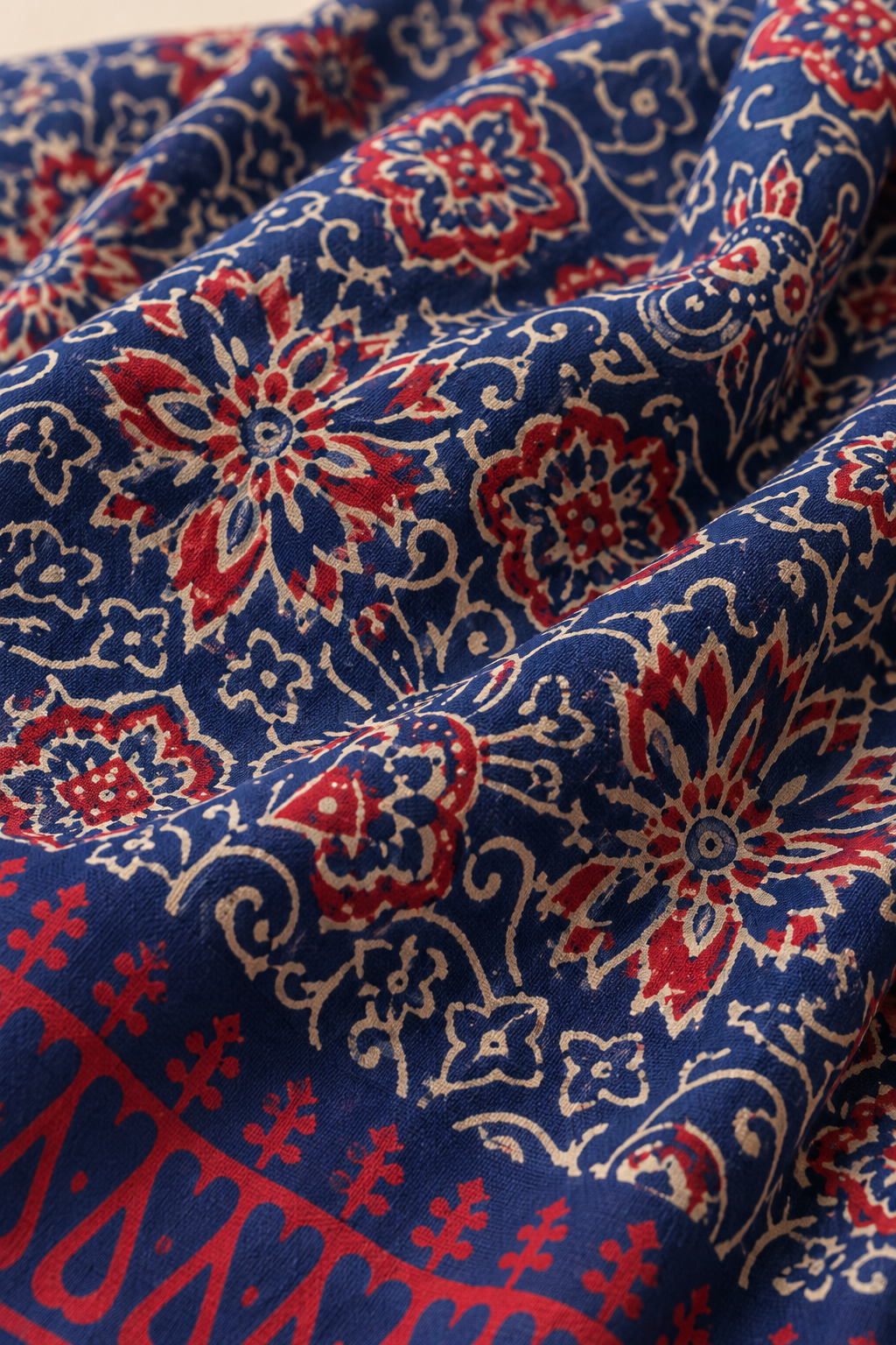 Blue Red Floral Handblock Mul Cotton Saree
