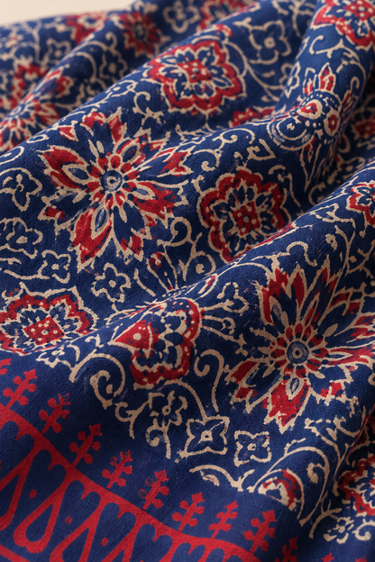 Blue Red Floral Handblock Mul Cotton Saree