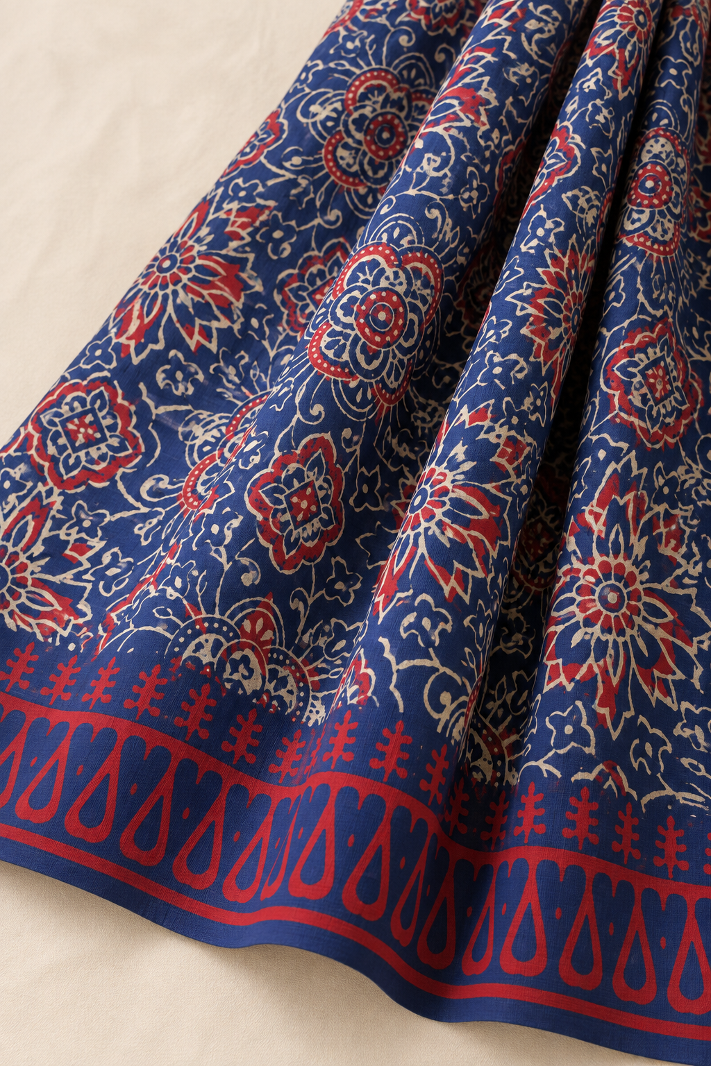Blue Red Floral Handblock Mul Cotton Saree