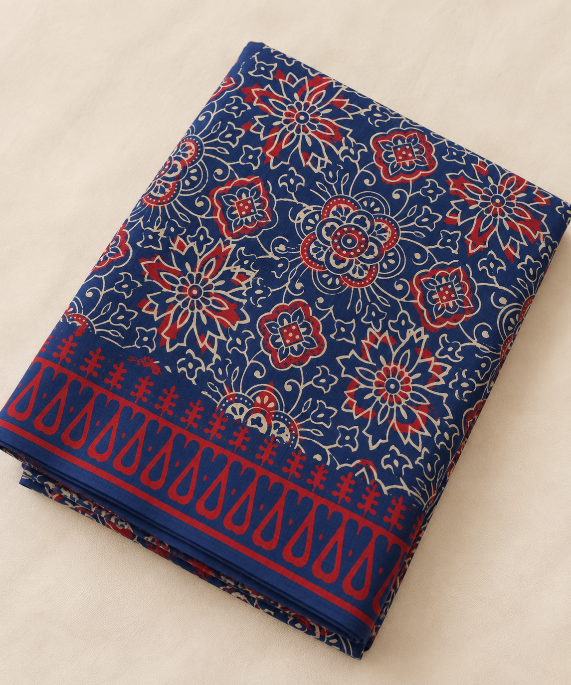 Blue Red Floral Handblock Mul Cotton Saree