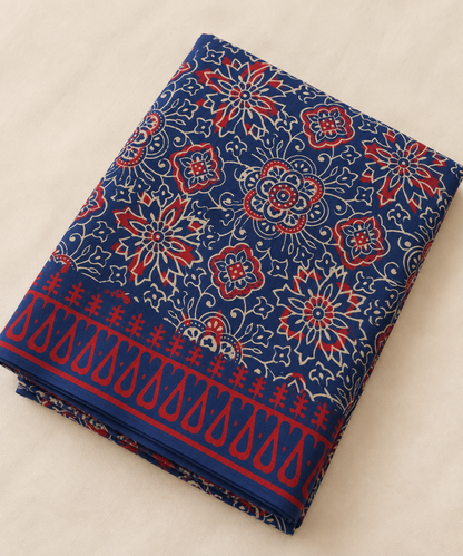 Blue Red Floral Handblock Mul Cotton Saree