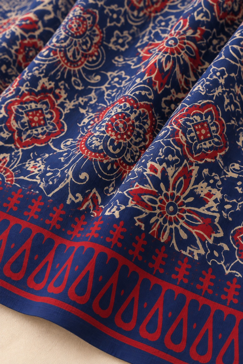 Blue Red Floral Handblock Mul Cotton Saree