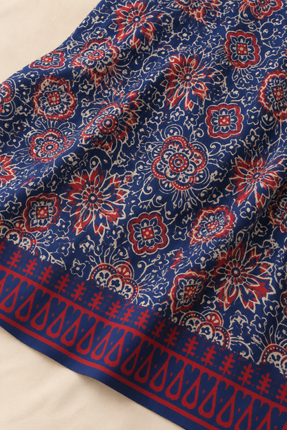 Blue Red Floral Handblock Mul Cotton Saree