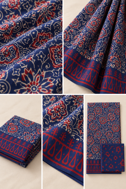 Blue Red Floral Handblock Mul Cotton Saree