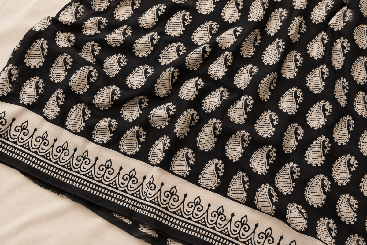 Black White Buti Handblock Mul Cotton Saree