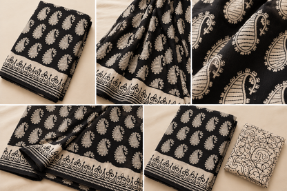 Black White Buti Handblock Mul Cotton Saree