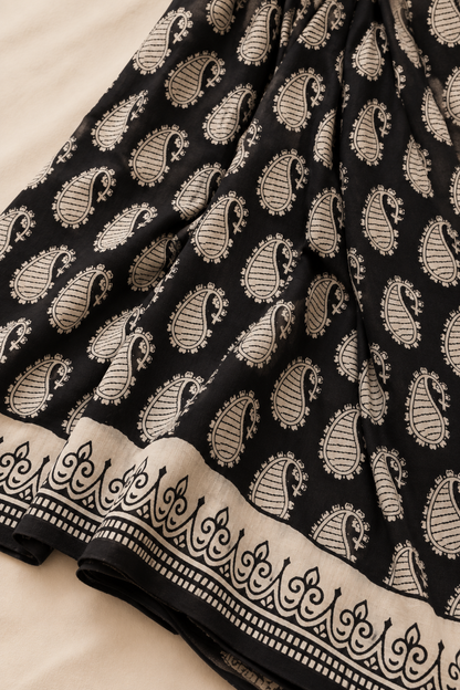 Black White Buti Handblock Mul Cotton Saree