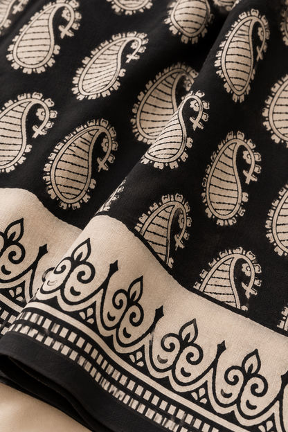 Black White Buti Handblock Mul Cotton Saree