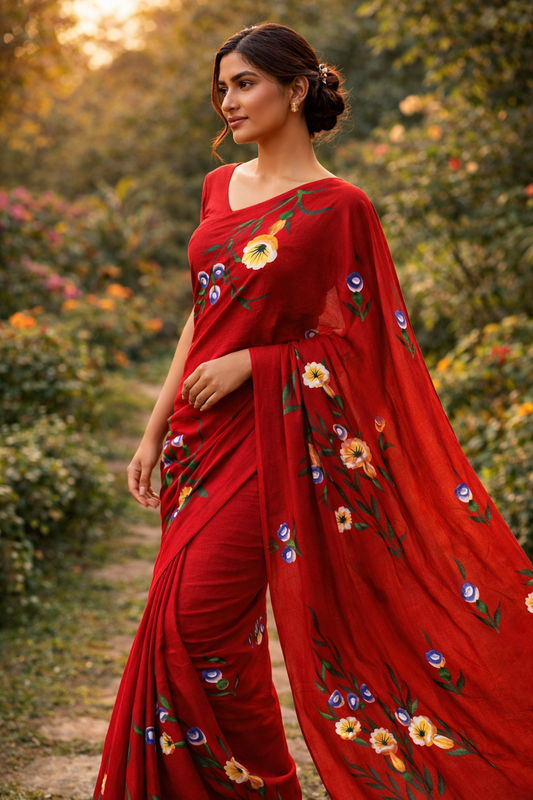 Red Hand-Painted Cotton Saree