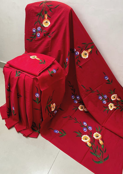 Red Hand-Painted Cotton Saree