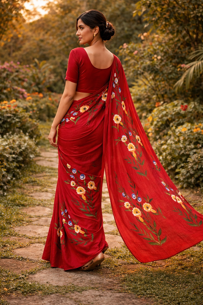 Red Hand-Painted Cotton Saree