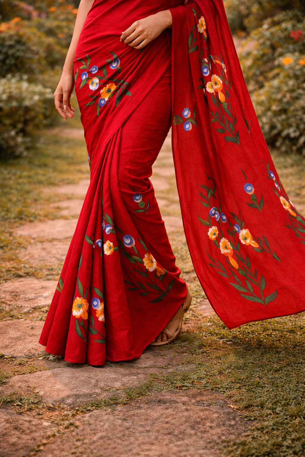 Red Hand-Painted Cotton Saree
