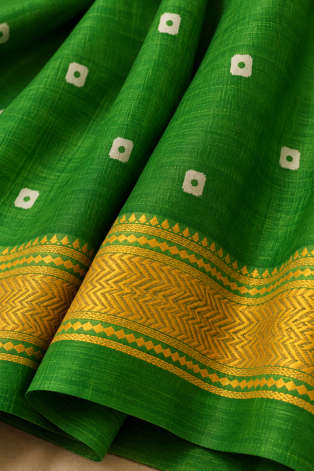 Green Handblock Maheshwari Silk Saree With Golden Border