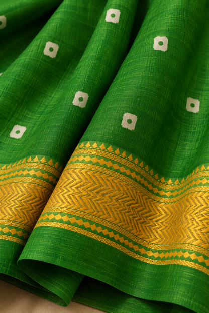 Green Handblock Maheshwari Silk Saree With Golden Border