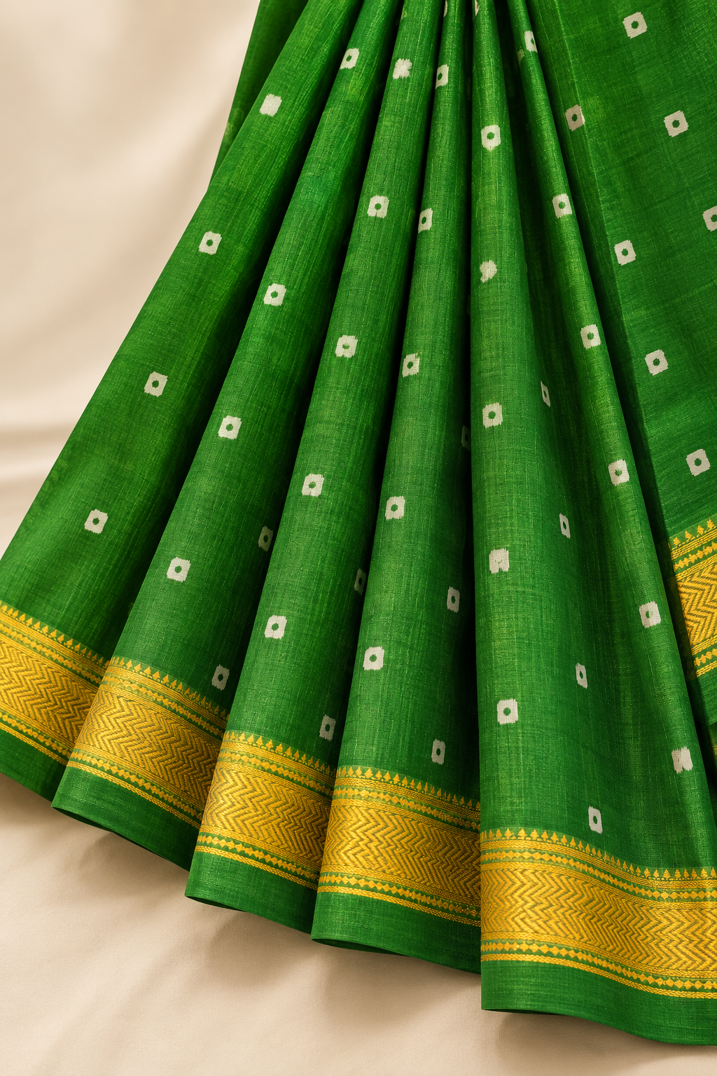 Green Handblock Maheshwari Silk Saree With Golden Border