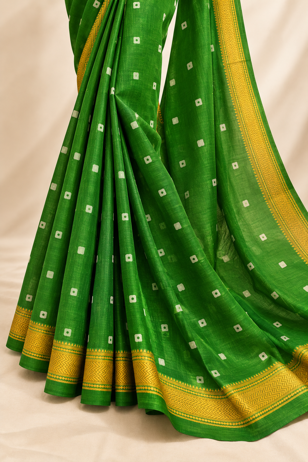 Green Handblock Maheshwari Silk Saree With Golden Border