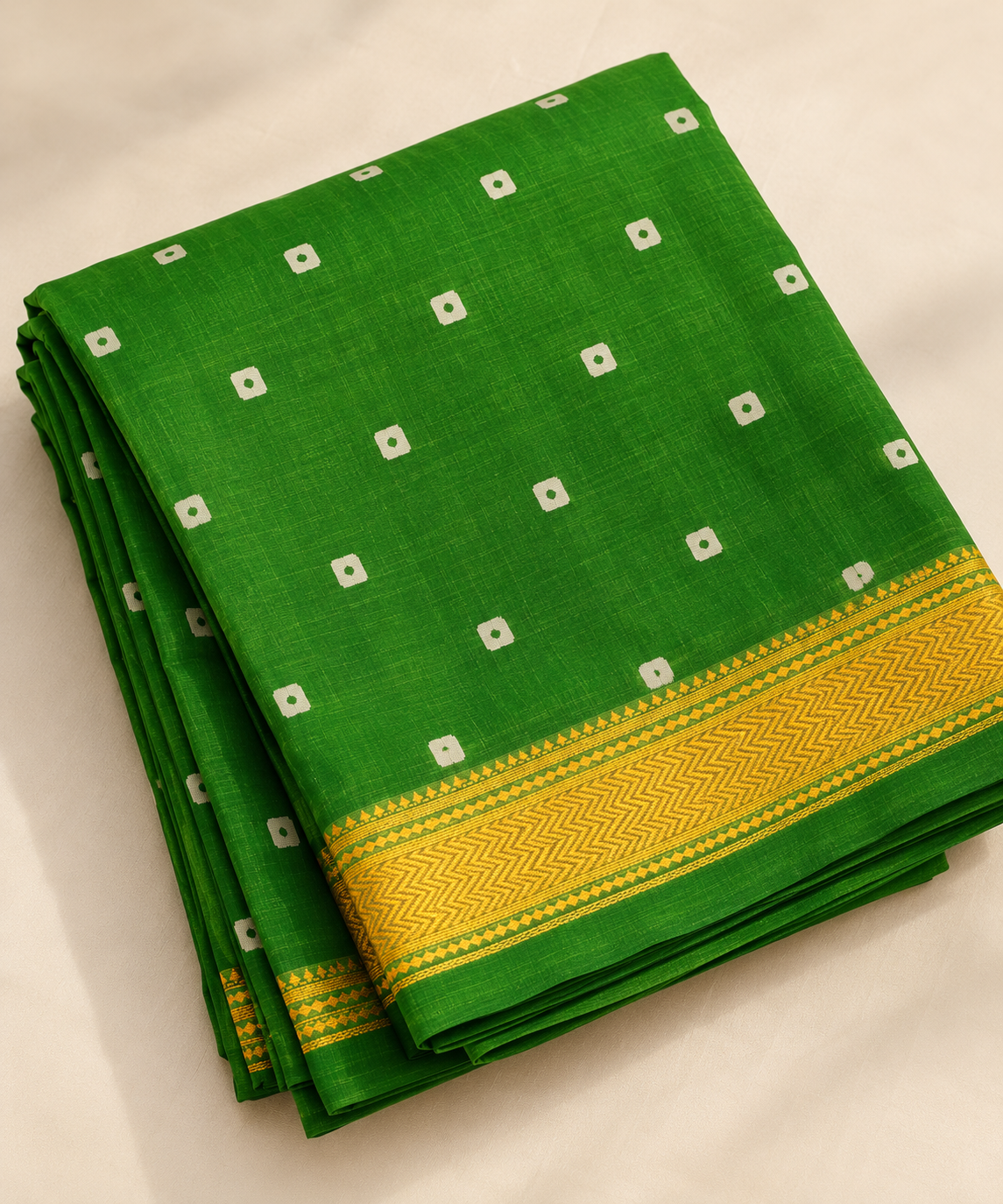 Green Handblock Maheshwari Silk Saree With Golden Border