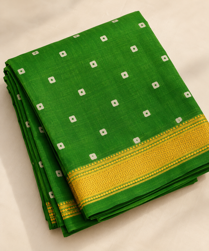 Green Handblock Maheshwari Silk Saree With Golden Border