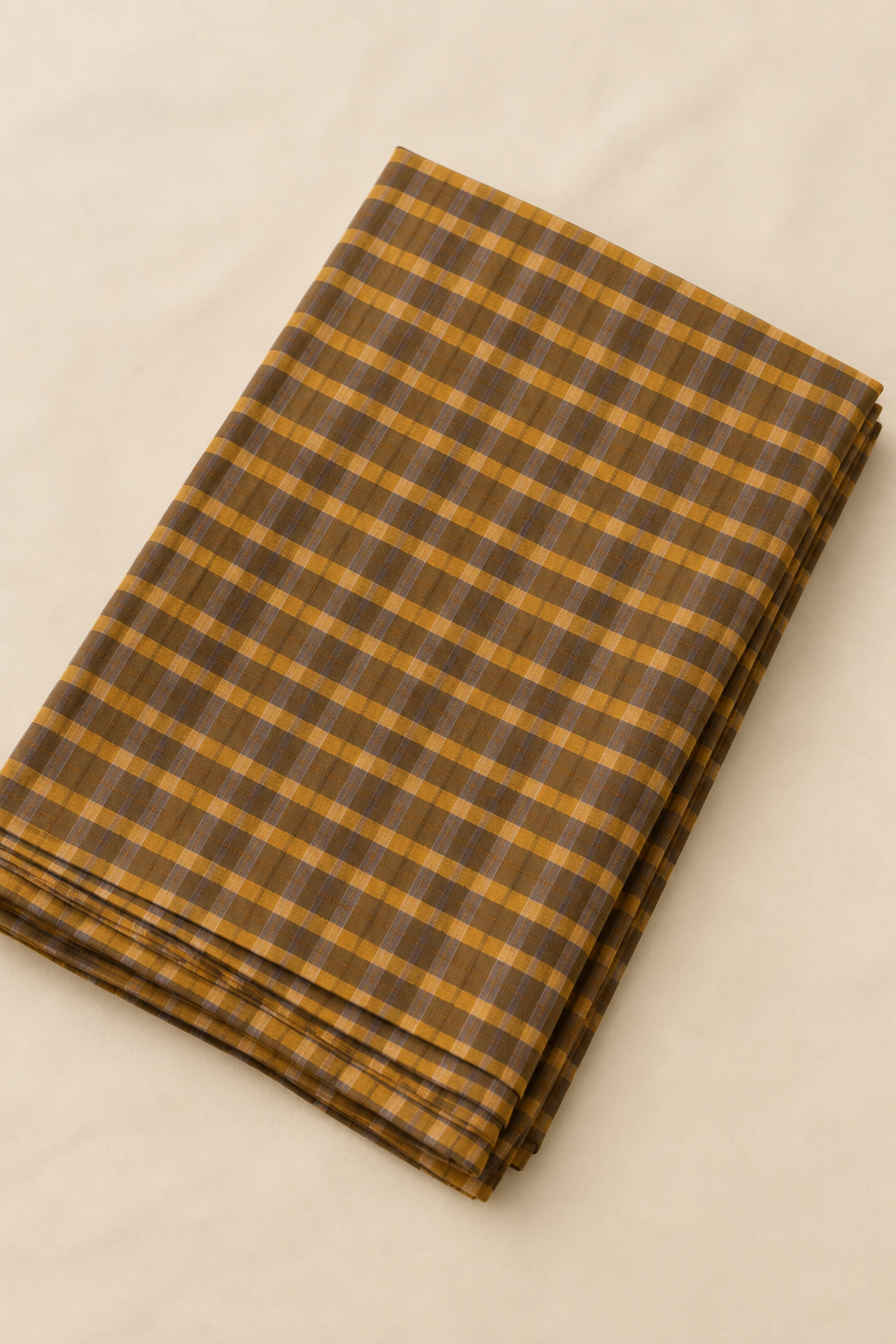 Mustard Brown Gingham Checks Mul Cotton Saree