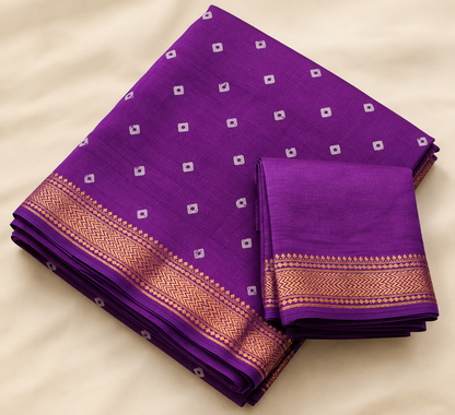 Purple Handblock Maheshwari Silk Saree With Golden Border