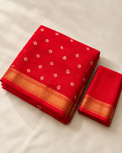 Red Maheshwari Silk Saree With Golden Woven Border