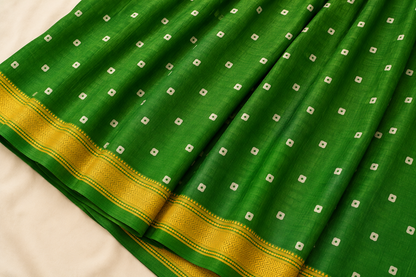 Green Handblock Maheshwari Silk Saree With Golden Border