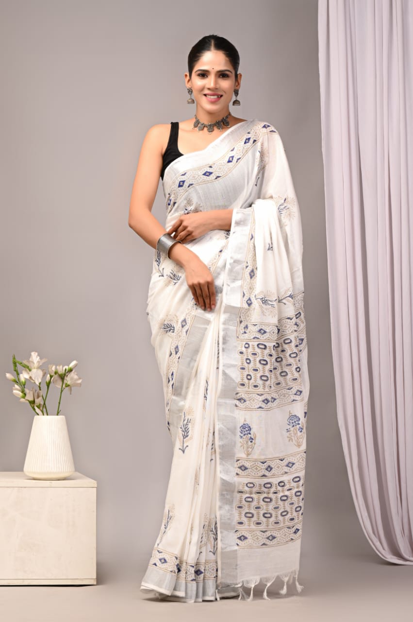 White Cotton Linen Saree