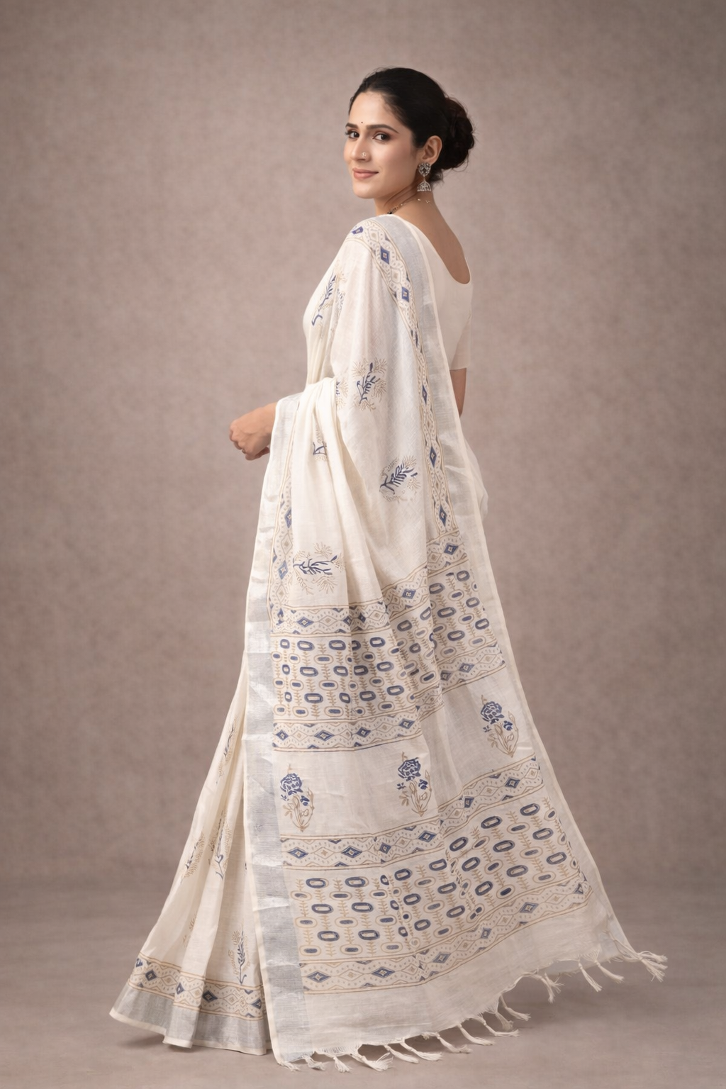 White Cotton Linen Saree